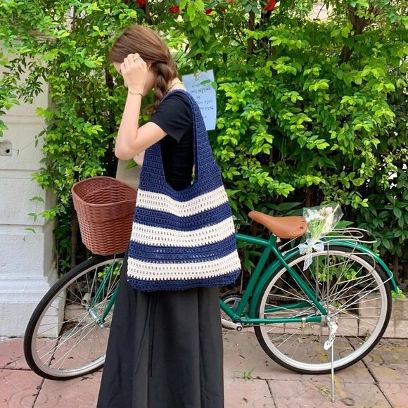 Women's Navy Blue Crochet Bag Cute Mesh Summer Knitted Shoulder Beach Tote Bags - Picture 7 of 7